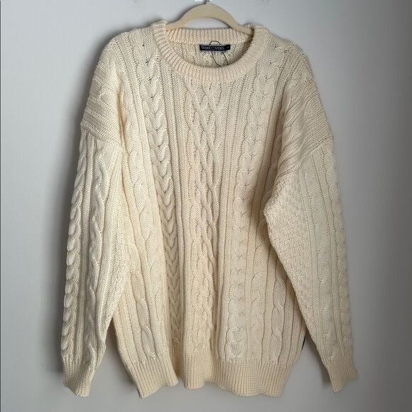 WoolOvers Men’s XL Fisherman Cable Knit Wool Sweater Cream Ivory Aran Pullover - Picture 2 of 13